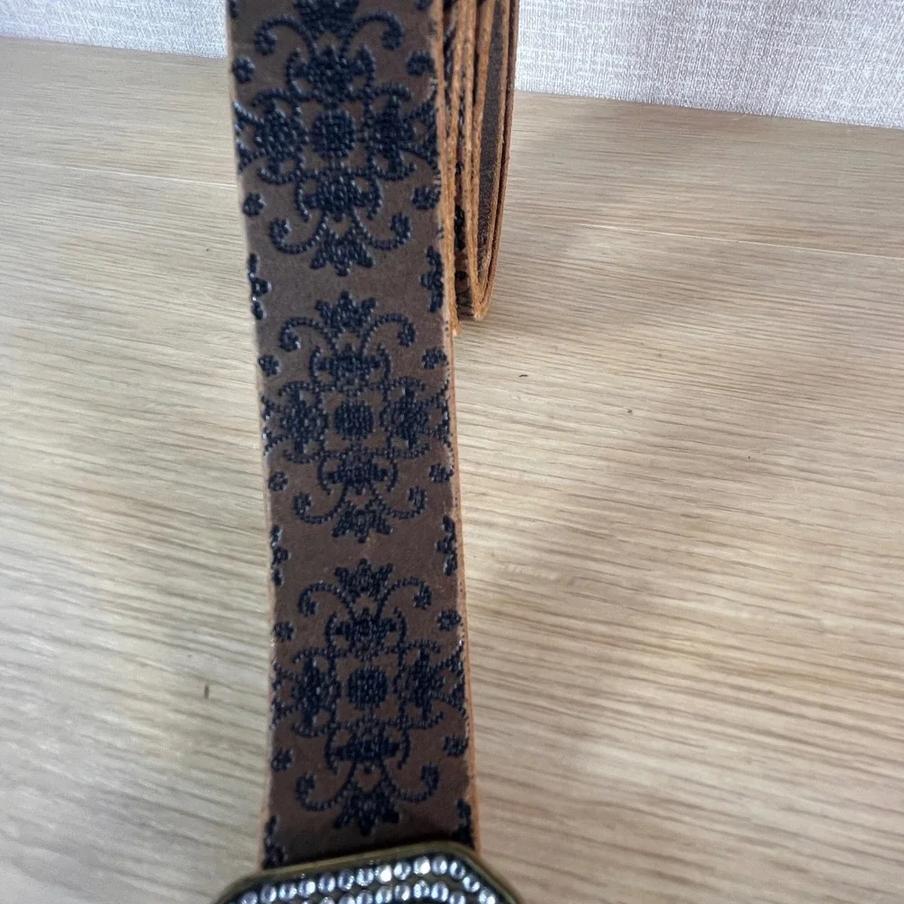 Women XXL Italian Leather Belt Brown Floral Rhinestone Buckle Western Boho Y2K